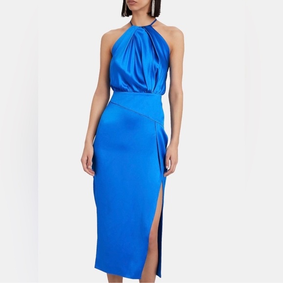 Michelle Mason Blue Silk Satin Halter Dress Slit Open Back - Picture 3 of 10